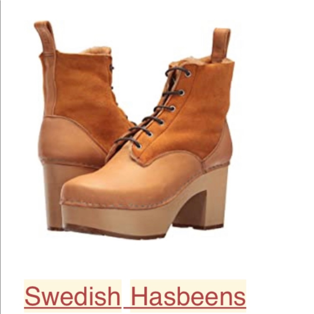 Shearling-lined leather and suede lace up Swedish hasbeens boots womens 8/EU 38